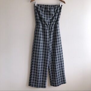 Ripe Plaid Checkered Strapless Crop Ankle Wide Leg Cinched Waist Jumpsuit Grey